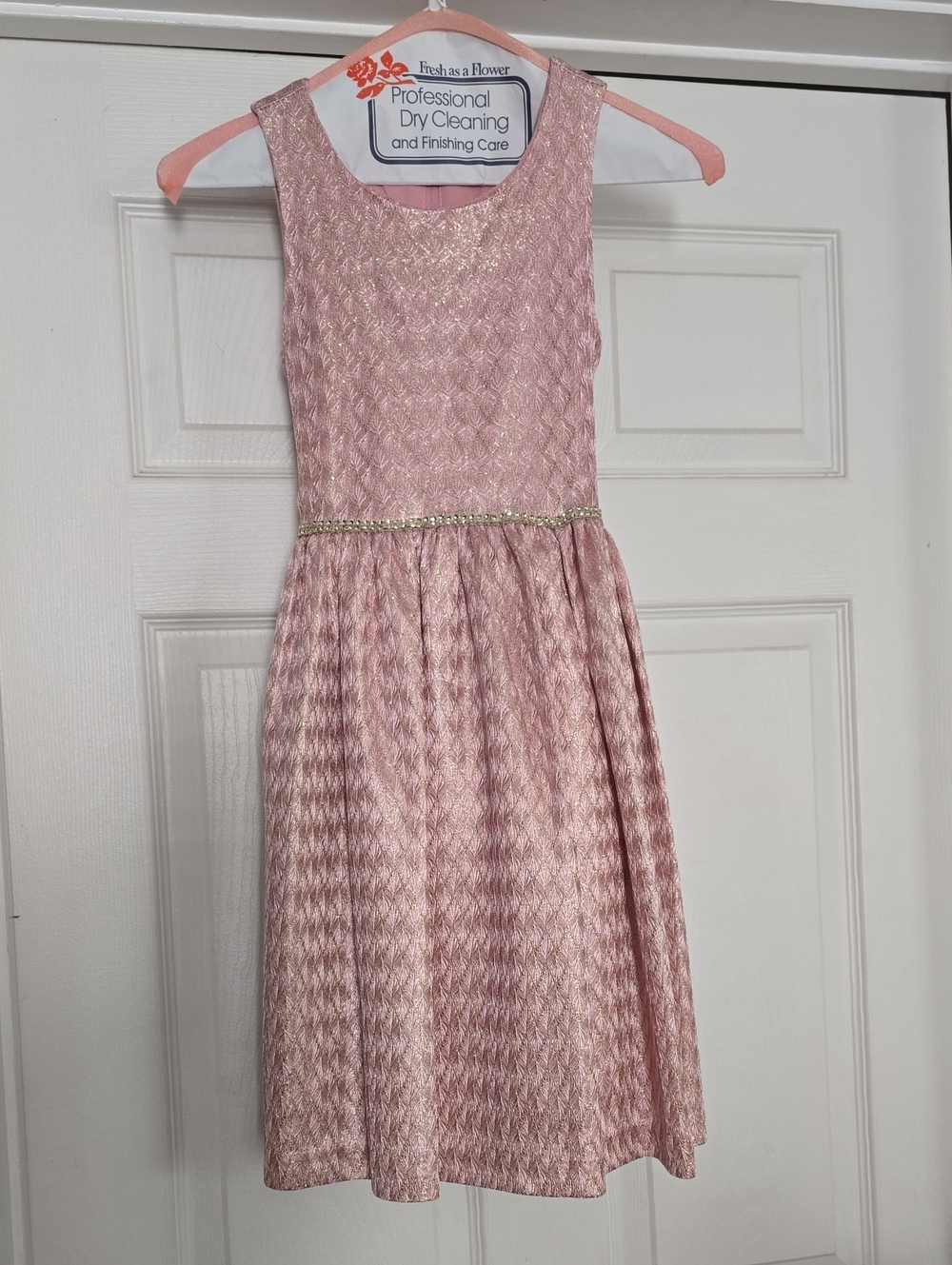 Pink Metallic Sparkle Girls' Dress with Waist Trim